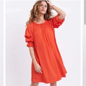 Mersea Tulum Ruffle Sleeve Tie Waist Shift Dress - Large, Sunset Coral